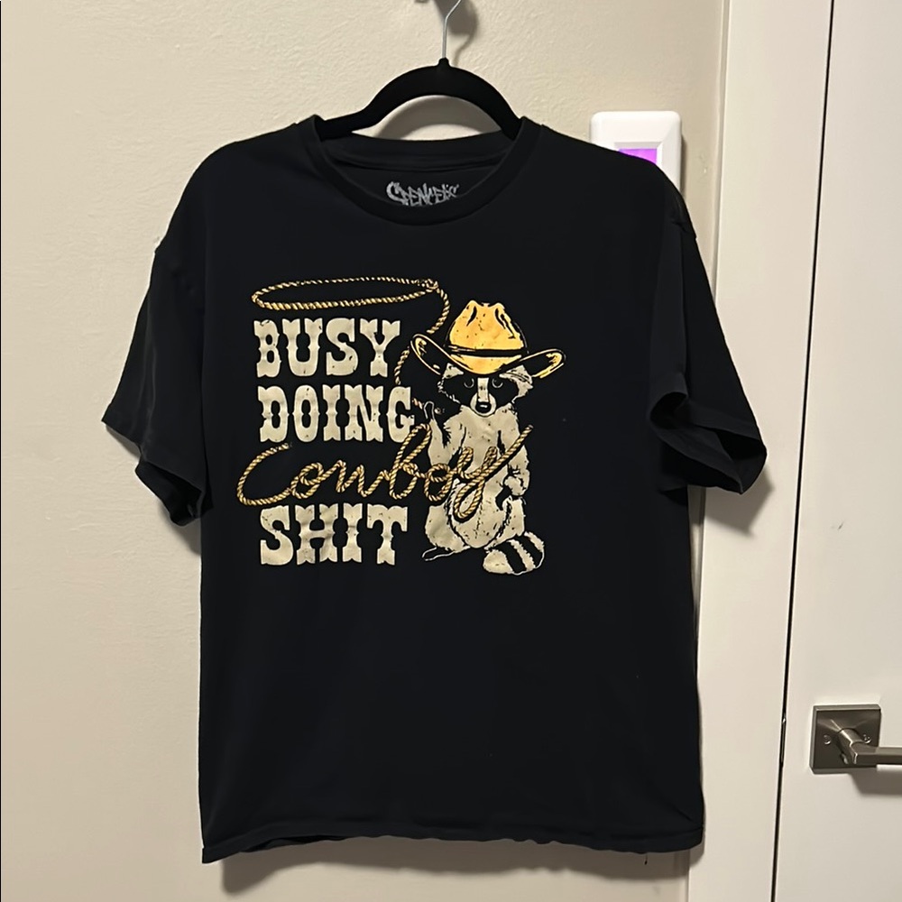 Black Graphic Tee with Cowboy Raccoon